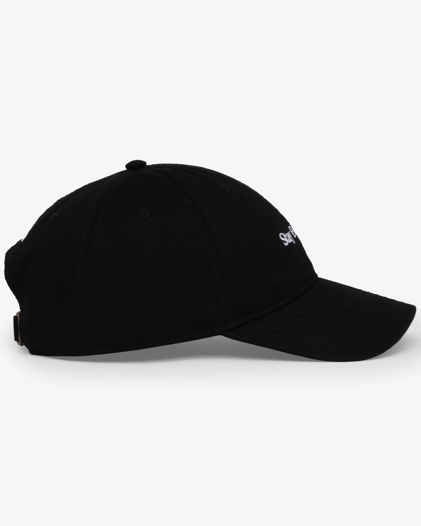 Van Libra Blackwood (black) dad hat with white embroidered text “Stay Balanced” on the front, “1986” stitched on the side, and “VAN LIBRA” on the back above an adjustable strap with brass buckle.