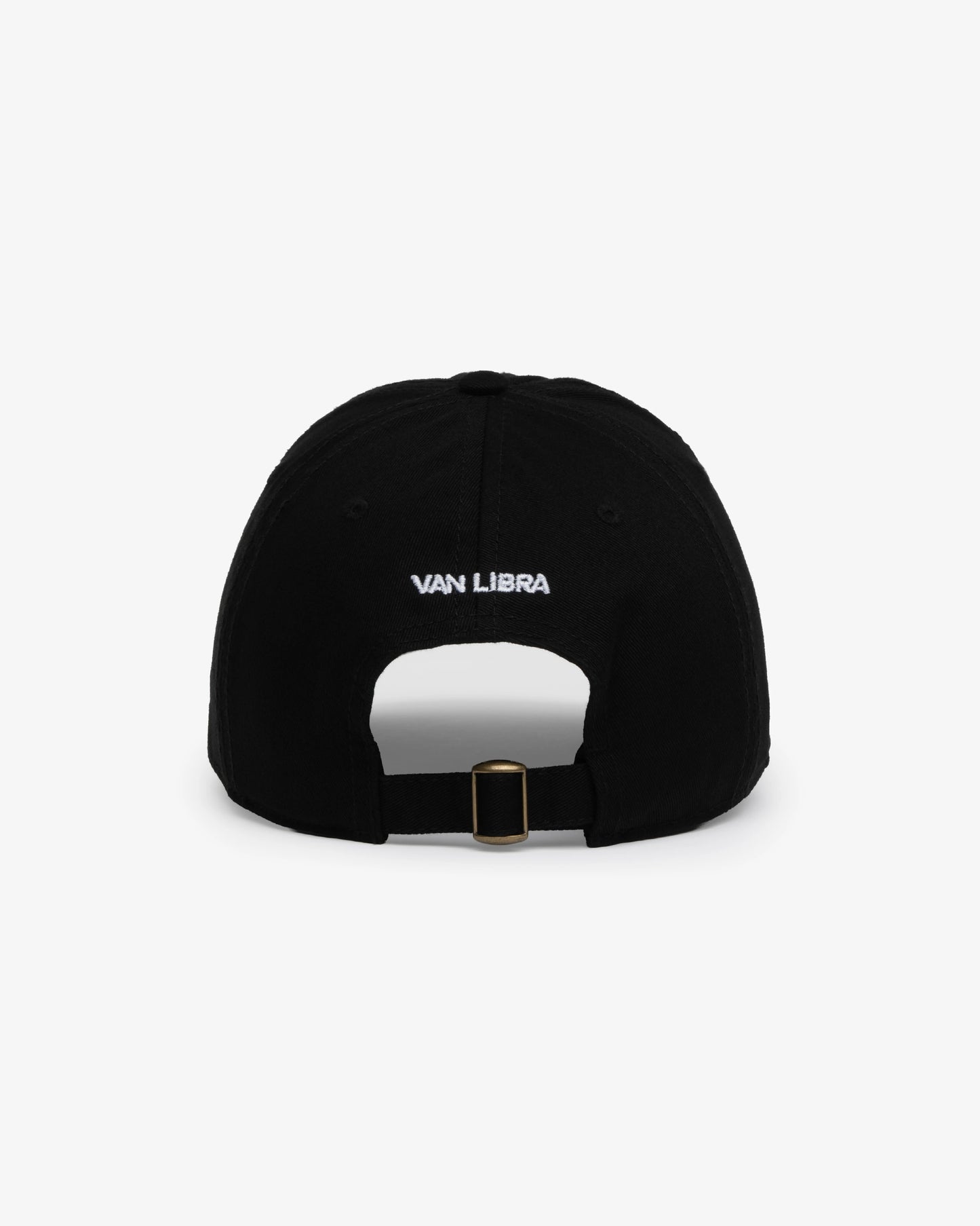 Van Libra Blackwood (black) dad hat with white embroidered text “Stay Balanced” on the front, “1986” stitched on the side, and “VAN LIBRA” on the back above an adjustable strap with brass buckle.
