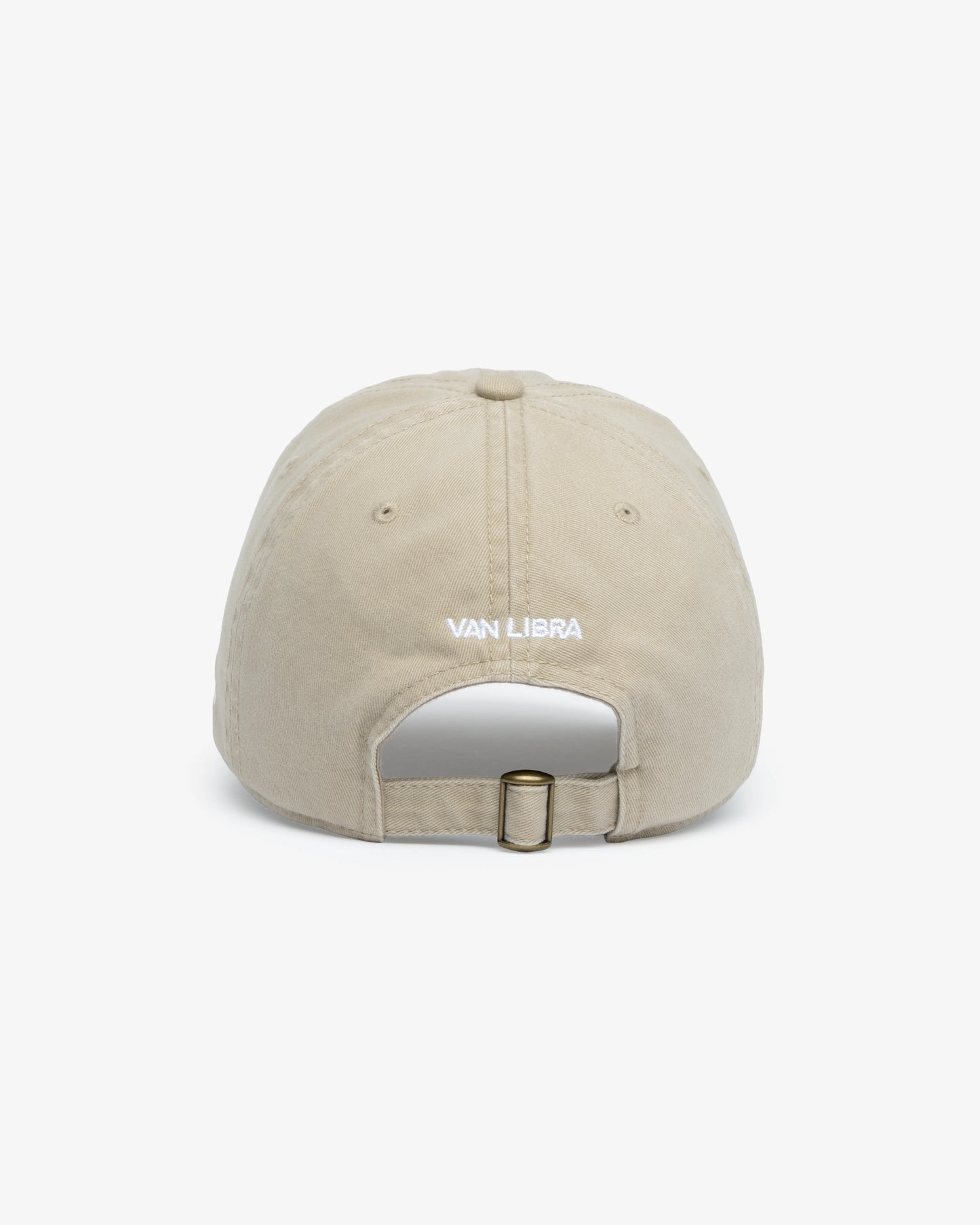 Van Libra Dune (beige) dad hat with white embroidered text “Stay Balanced” on the front, “1986” stitched on the side, and “VAN LIBRA” on the back above an adjustable strap with brass buckle.