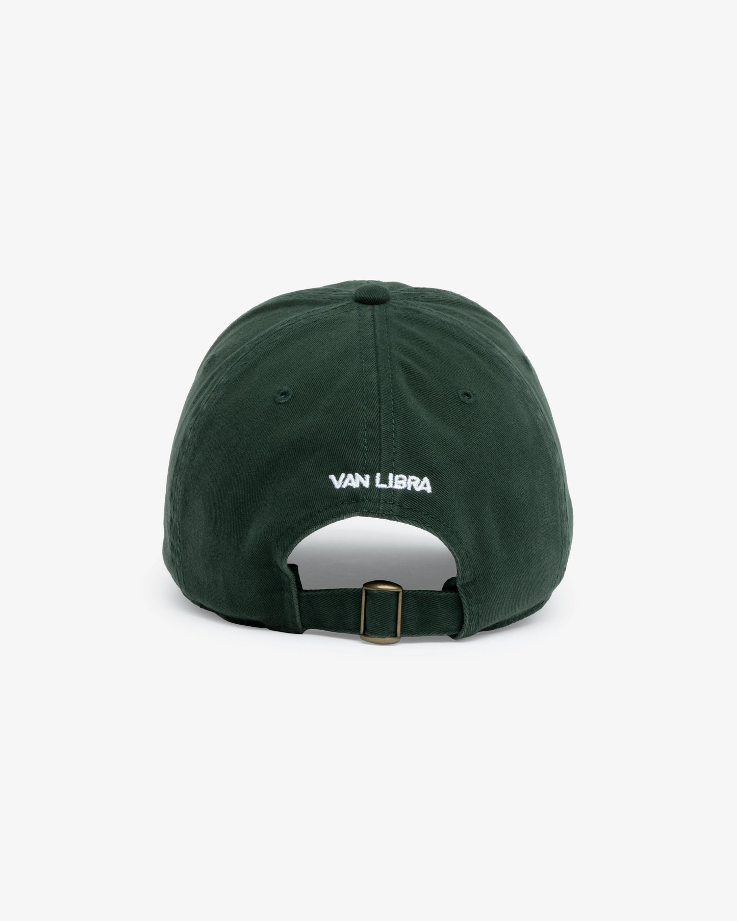 Van Libra Forest (dark green) dad hat with white embroidered text “Stay Balanced” on the front, “1986” stitched on the side, and “VAN LIBRA” on the back above an adjustable strap with brass buckle.