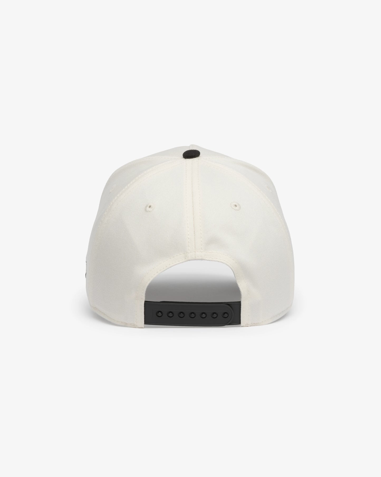 Van Libra Bone/Carbon (cream and dark gray) structured cap with bone colored crown and carbon colored brim. Features black embroidered text “Stay Balanced” with red abstract triangle graphic on the front, black “1986” and “VAN LIBRA” details, and “VL” stitched on the side, finished with an adjustable carbon colored snapback closure at the back.