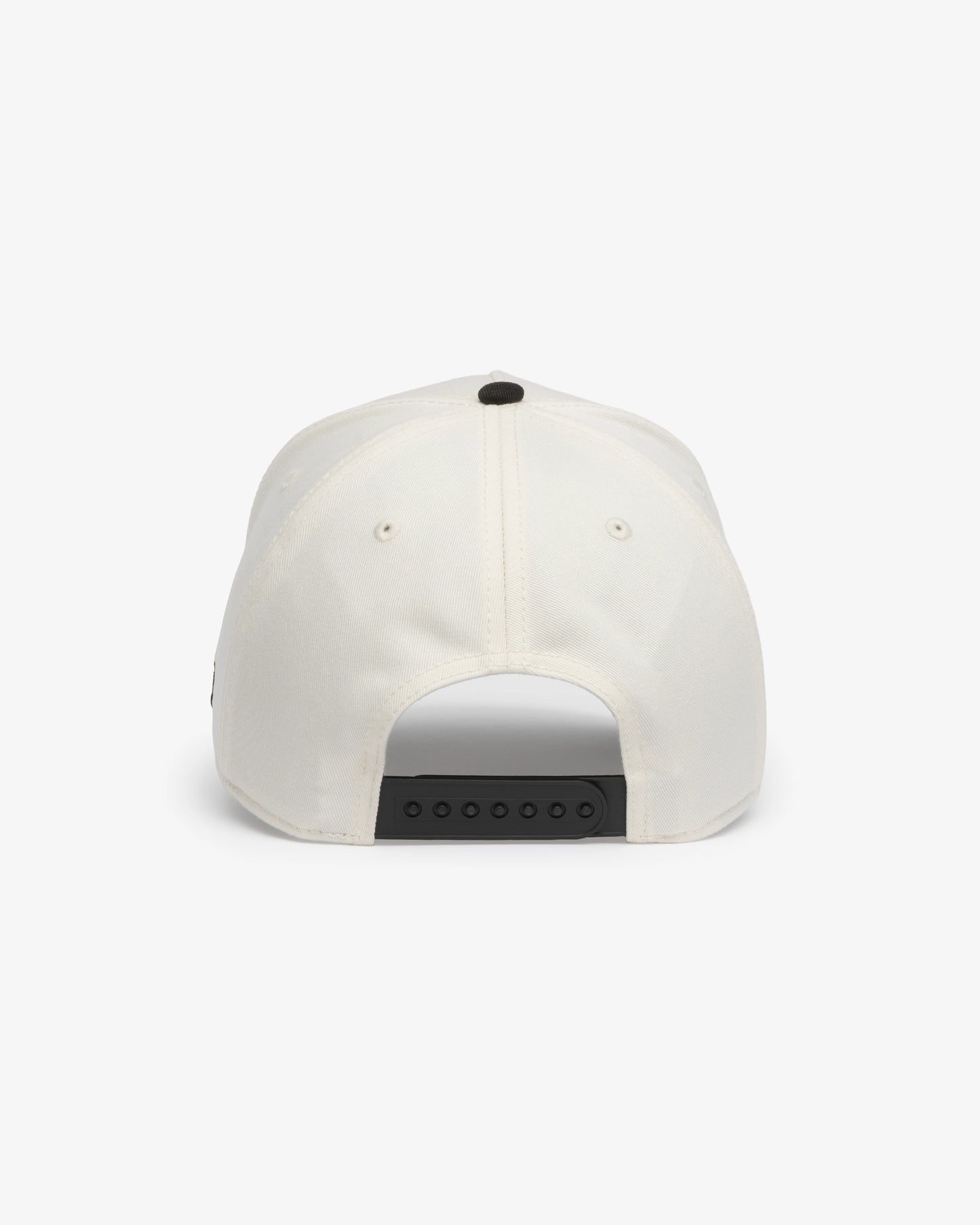 Van Libra Bone/Carbon (cream and dark gray) structured cap with bone colored crown and carbon colored brim. Features black embroidered text “Stay Balanced” with abstract triangle graphic on the front, “1986” and “VAN LIBRA” details, and “VL” stitched on the side, finished with an adjustable carbon colored snapback closure at the back.