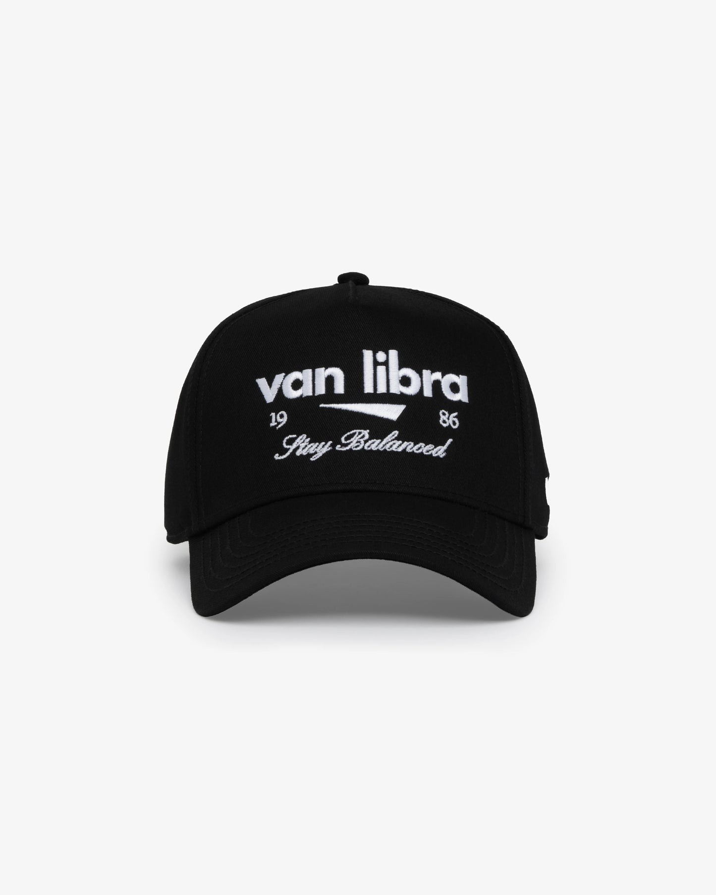 Van Libra Blackwood (black) structured cap with blackwood colored crown and brim. Features white embroidered text “van libra” with abstract triangle graphic on the front, “1986” and “Stay Balanced” lettering on the front, plus “VL” stitched on the side, finished with an adjustable blackwood snapback closure at the back.