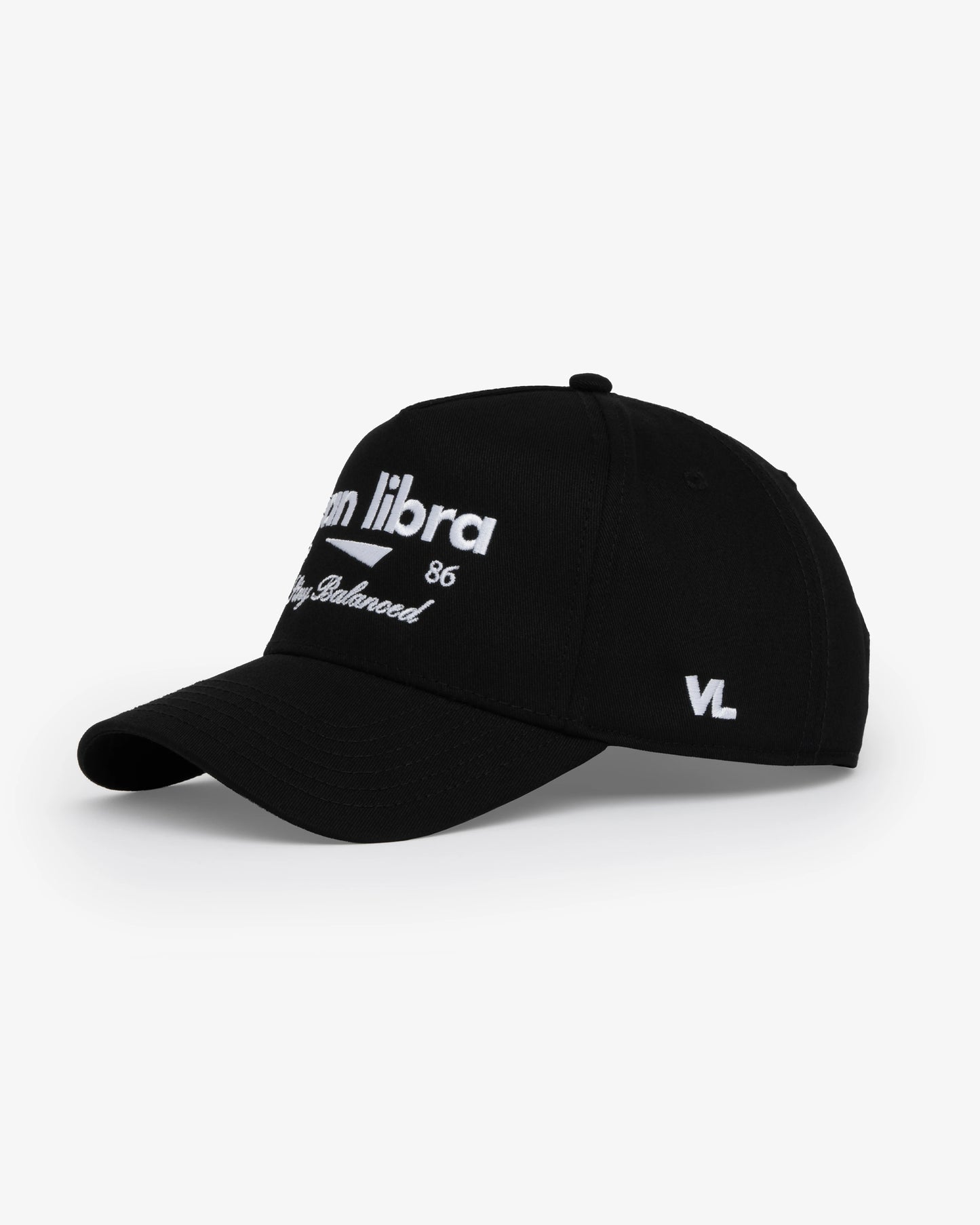 Van Libra Blackwood (black) structured cap with blackwood colored crown and brim. Features white embroidered text “van libra” with abstract triangle graphic on the front, “1986” and “Stay Balanced” lettering on the front, plus “VL” stitched on the side, finished with an adjustable blackwood snapback closure at the back.