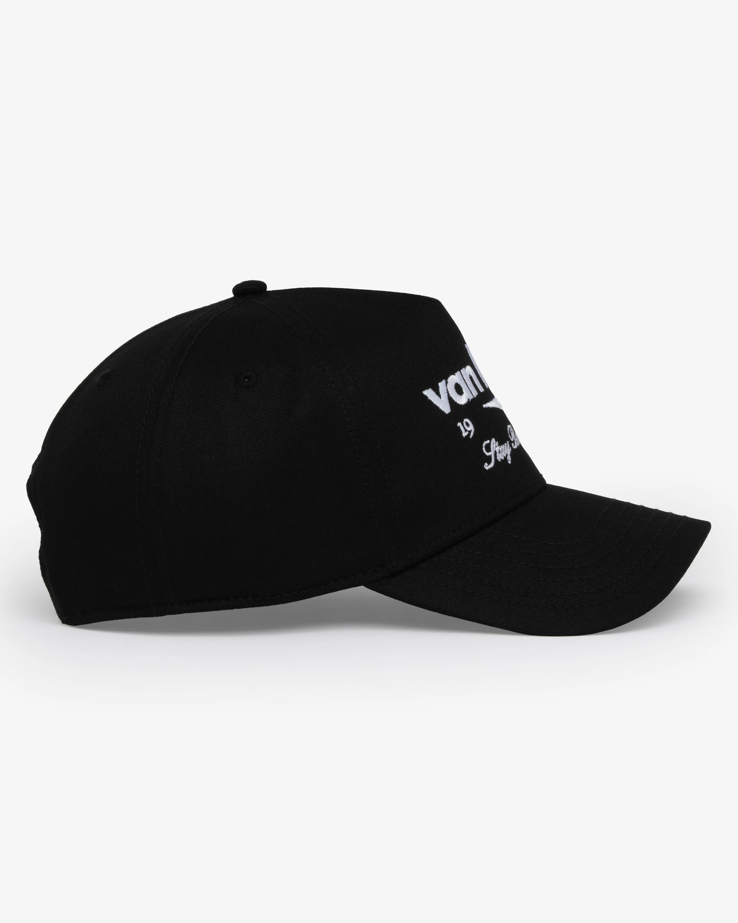 Van Libra Blackwood (black) structured cap with blackwood colored crown and brim. Features white embroidered text “van libra” with abstract triangle graphic on the front, “1986” and “Stay Balanced” lettering on the front, plus “VL” stitched on the side, finished with an adjustable blackwood snapback closure at the back.