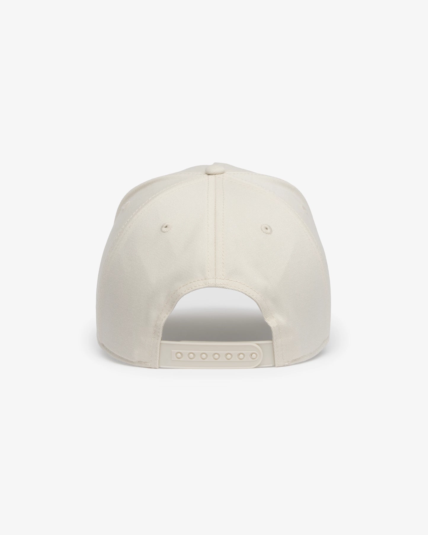 Van Libra Ivory (cream) structured cap with ivory crown and brim. Features cream colored embroidered text “van libra” with abstract triangle graphic on the front, “1986” and “Stay Balanced” lettering on the front, plus “VL” stitched on the side, finished with an adjustable ivory snapback closure at the back.