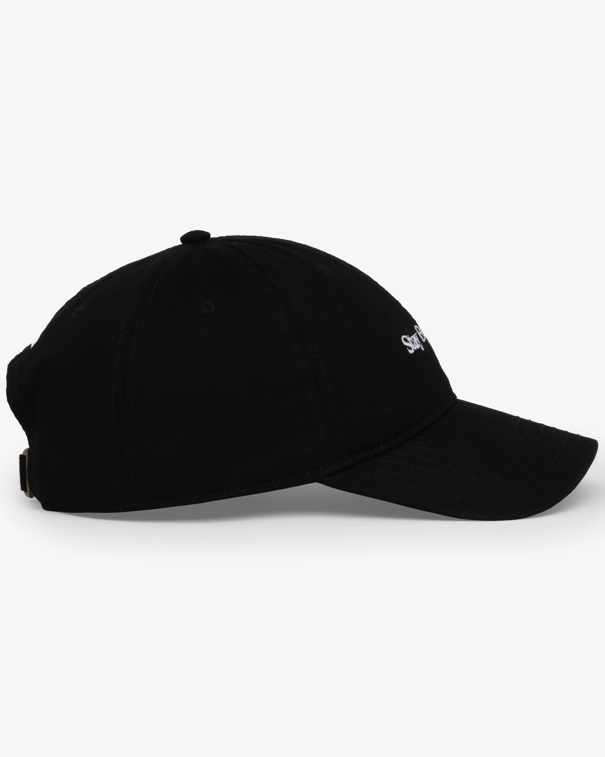 Van Libra Blackwood (black) dad hat with white embroidered text “Stay Balanced” on the front, “1986” stitched on the side, and “VAN LIBRA” on the back above an adjustable strap with brass buckle.