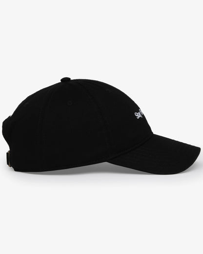 Van Libra Blackwood (black) dad hat with white embroidered text “Stay Balanced” on the front, “1986” stitched on the side, and “VAN LIBRA” on the back above an adjustable strap with brass buckle.