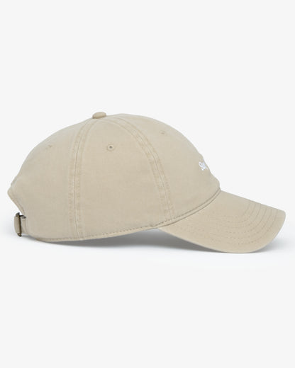 Van Libra Dune (beige) dad hat with white embroidered text “Stay Balanced” on the front, “1986” stitched on the side, and “VAN LIBRA” on the back above an adjustable strap with brass buckle.