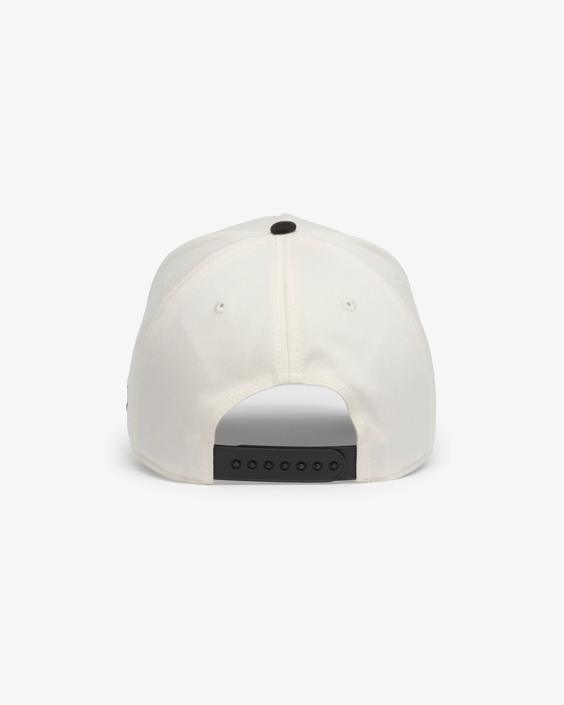 Van Libra Bone/Carbon (cream and dark gray) structured cap with bone colored crown and carbon colored brim. Features black embroidered text “Stay Balanced” with red abstract triangle graphic on the front, black “1986” and “VAN LIBRA” details, and “VL” stitched on the side, finished with an adjustable carbon colored snapback closure at the back.