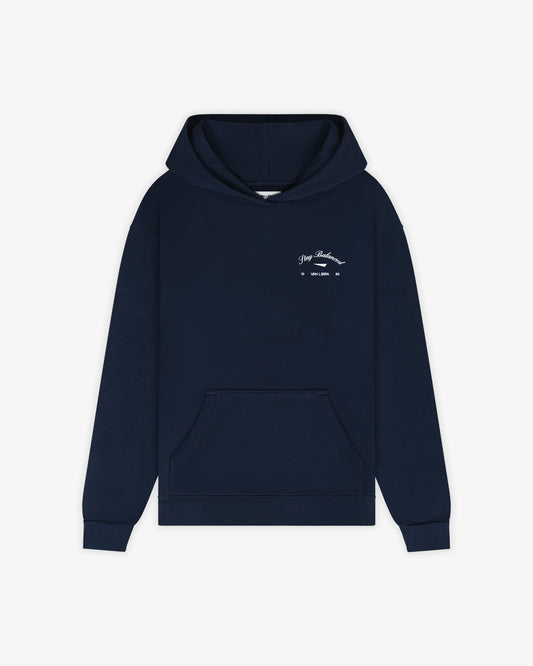 Stay Balanced Script Hoodie - Midnight Blue