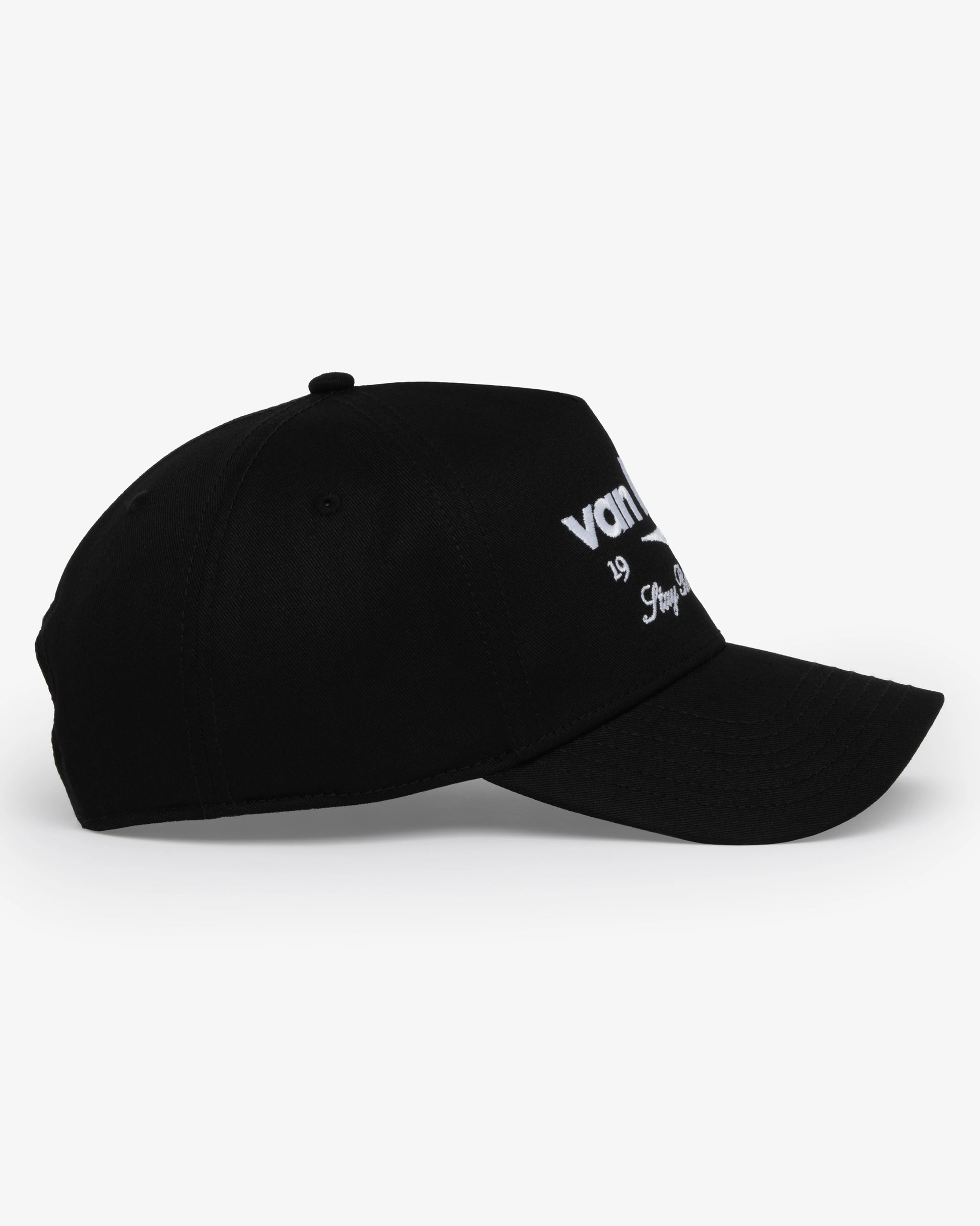 Van Libra Blackwood (black) structured cap with blackwood colored crown and brim. Features white embroidered text “van libra” with abstract triangle graphic on the front, “1986” and “Stay Balanced” lettering on the front, plus “VL” stitched on the side, finished with an adjustable blackwood snapback closure at the back.