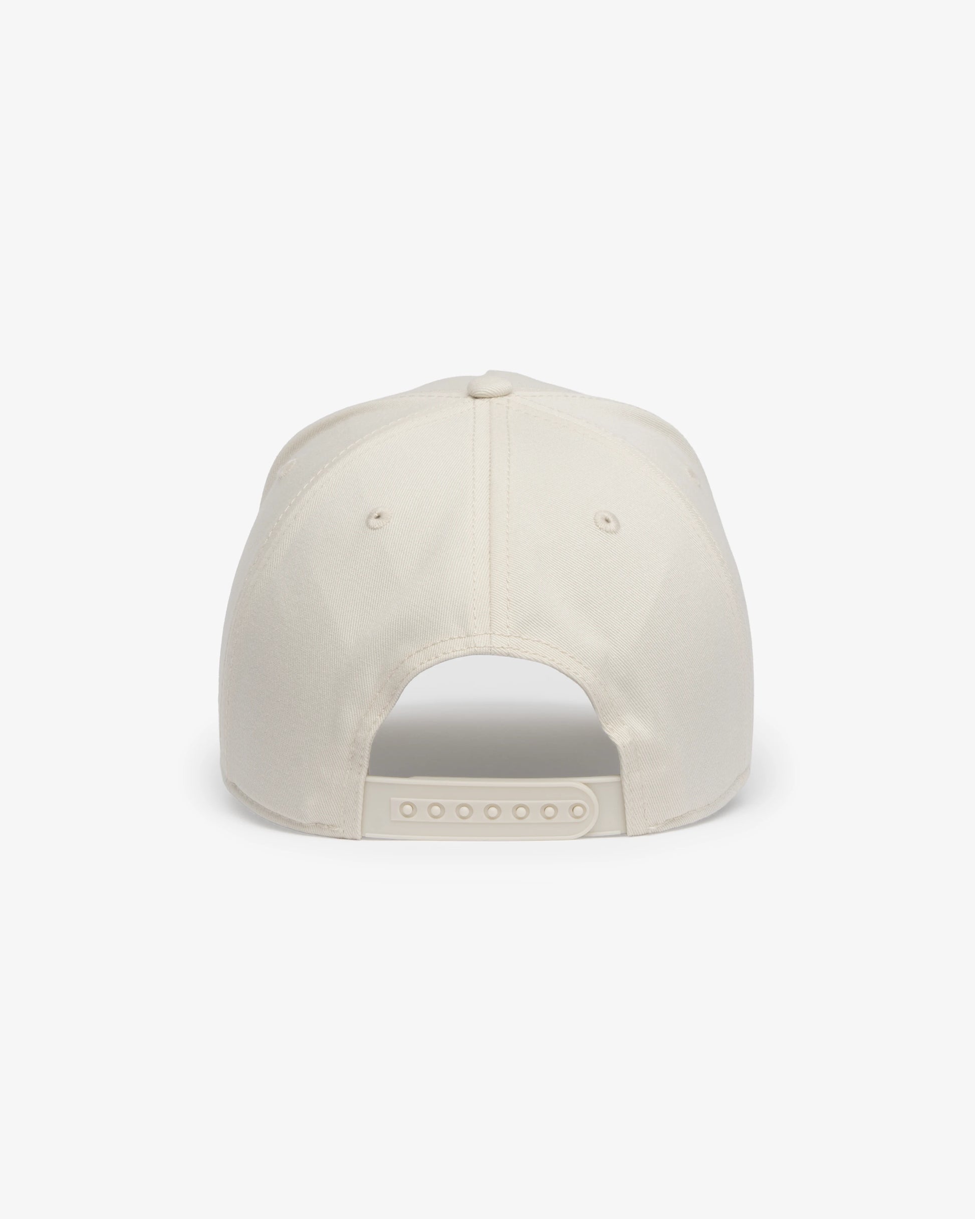 Van Libra Ivory (cream) structured cap with ivory crown and brim. Features cream colored embroidered text “van libra” with abstract triangle graphic on the front, “1986” and “Stay Balanced” lettering on the front, plus “VL” stitched on the side, finished with an adjustable ivory snapback closure at the back.